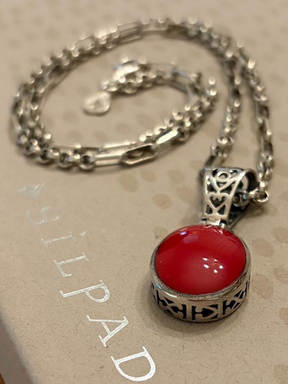 Silpada Sterling Silver Red Stone Filigree Pendant on Silpada “Timeless”Necklace